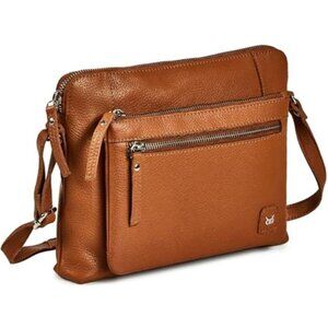 Womens Leather Crossbody Bag Small Triple Zip Sling Purse Cognac Nappa Handbag